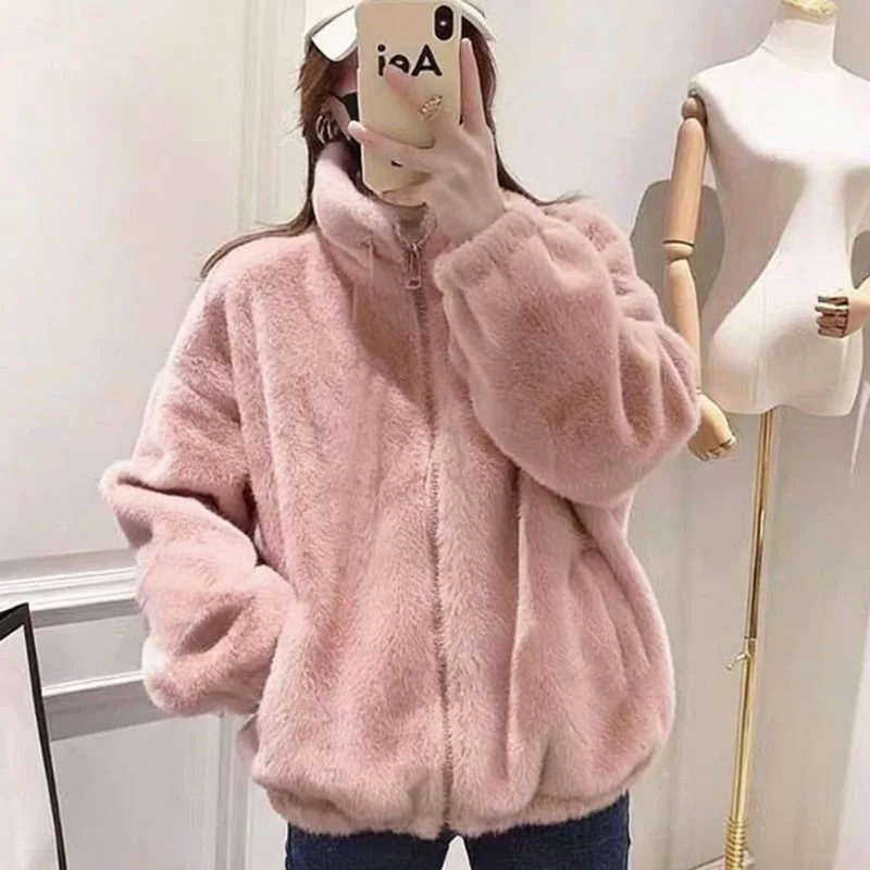 2026 New Faux Fur Coat for Women Korean Loose Stand-Up Collar Zip Plush Jacket Winter Thick Warm Imitation Rabbit Hair Outerwear