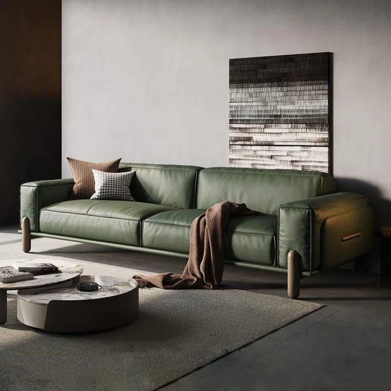 Italian Designer Leather Sofa Small Apartment Straight Row Solid Wood High Tofu Block Napa First Layer Cowhide Art Sofa