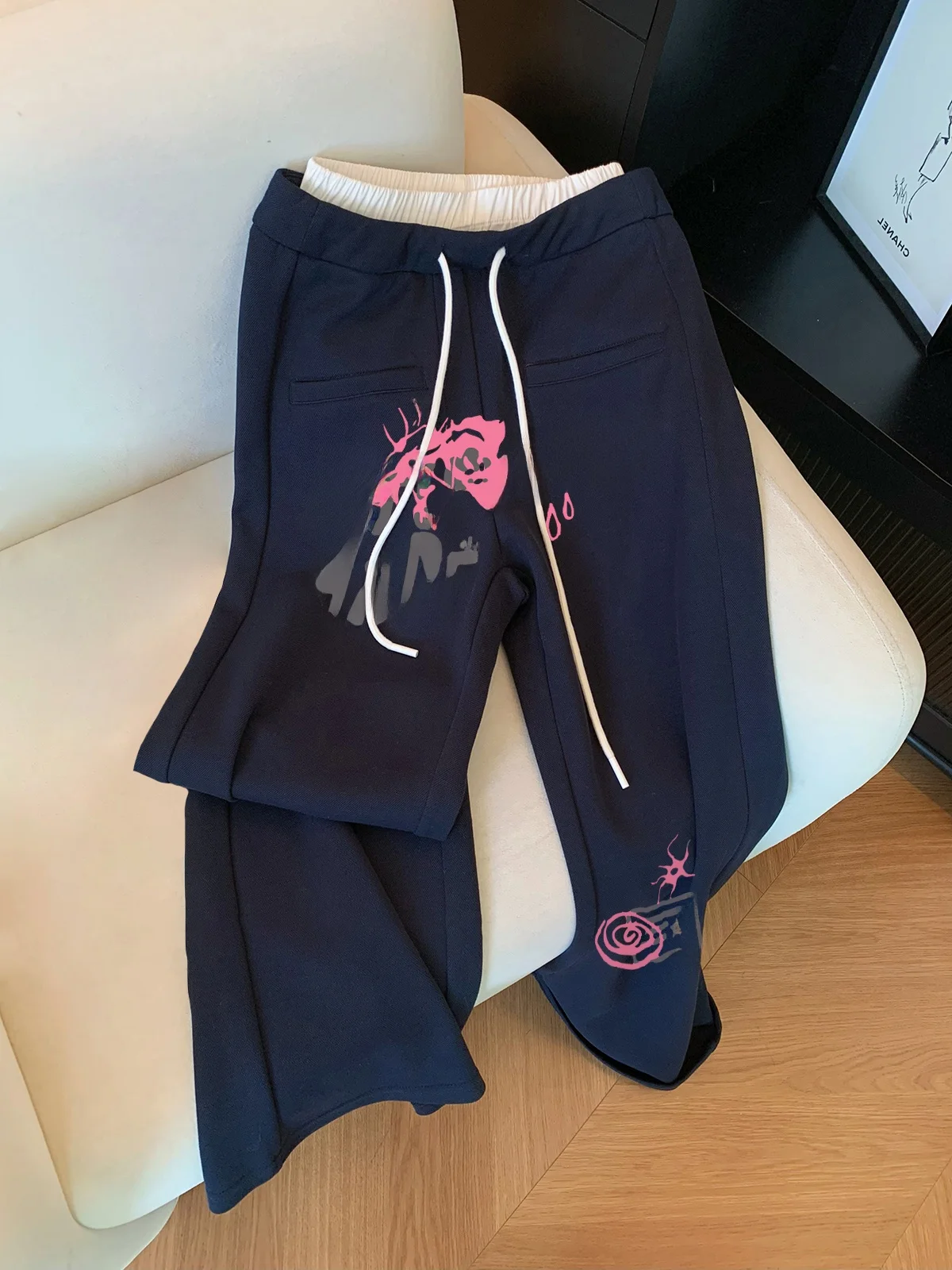 Faionable Anti-Aging Print Patchwork Dstring Straight Leg Casual Pants Women's Design Sensation  Loose Long Trousers