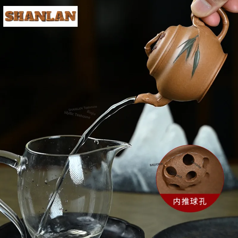 HOYIHM 110ml Antique Yixing Purple Clay Teapots Artists Handmade Three Bamboo Leaves Pot Raw Ore Section Mud Kettle Zisha Teaset