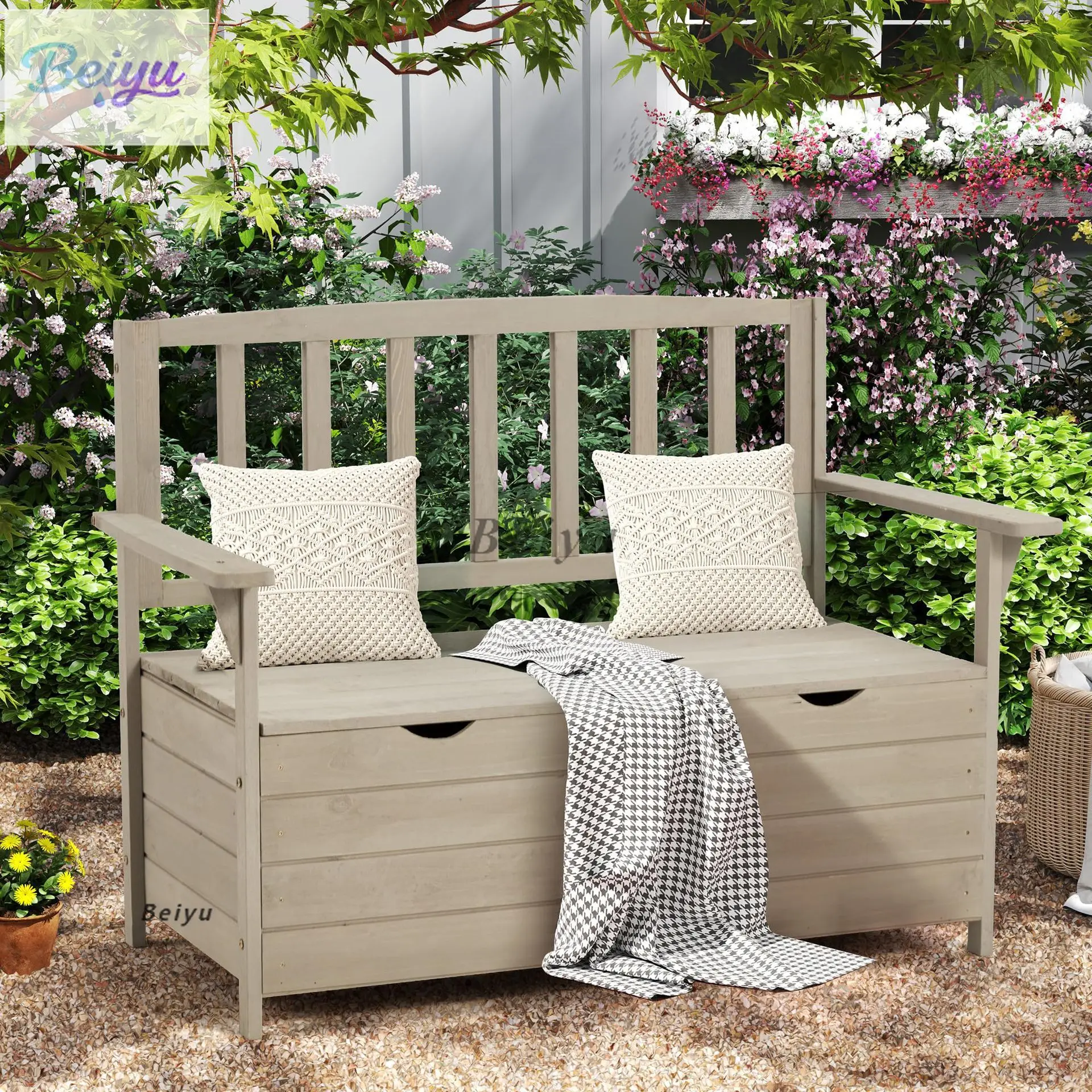 

Outdoor Wooden Storage Bench Terrace Storage Box with Portable Handle Seat with Armrest and Backrest, Grey