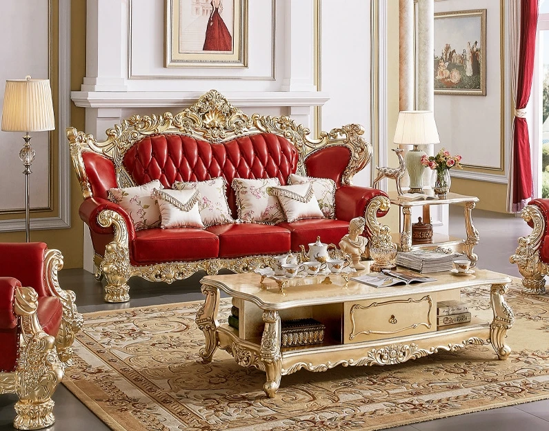 

mz-Luxury Royal Pure Leather Loveseat Sofa Combination Living Room Champagne Gold Solid Wood Sofa Set Couch for Home Hotel~