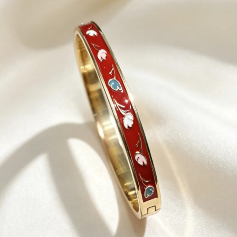 Colorful Vintage Cloisonne Bangle Enamel Chinese Tulip Flower Bangle Open Cuff Traditional Women's Hand Bracelet Ladies