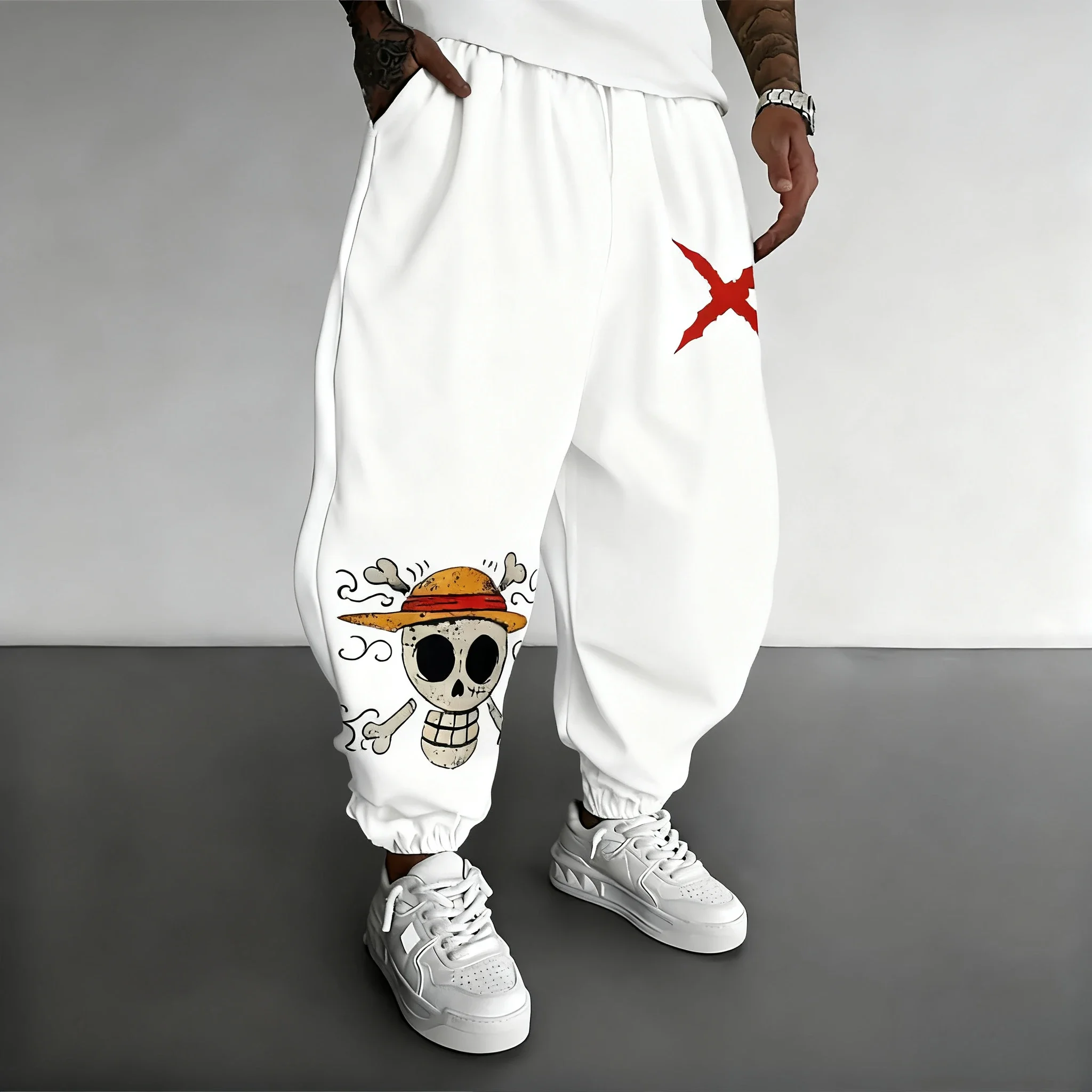 قطعة واحدة الرسوم المتحركة رسمت باليد المطبوعة Sweatpants 2026 الرجال الخريف/الشتاء المشتركة عادية الأمريكية الهيب هوب الاتجاه سراويل قطنية #2