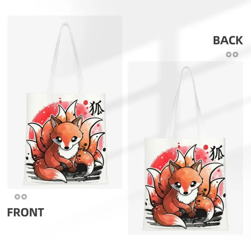 Custom Nine Tailed Fox Spirit Shopping Canvas Bag Women Portable Groceries Fashion Japanese Fox Spirit Shopper Tote Bags