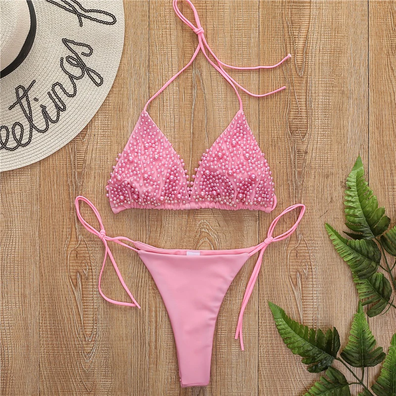 Pérola maiô feminino biquíni push up sexy triângulo halter g-string gravata lateral conjunto de biquíni banho praia férias chique 2 peça conjuntos