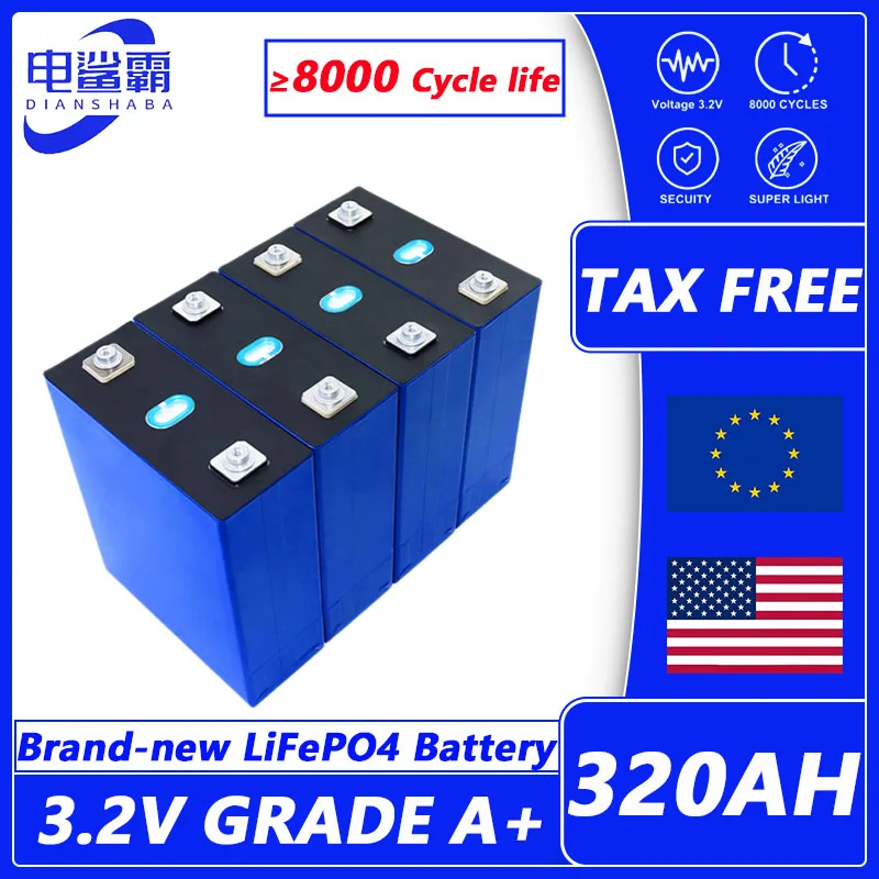 

Grade A Lifepo4 3.2V 320Ah 8000 cycle Battery Lithium iron phosphate Rechargeable Cell For DIY 12V 24V 48V RV Solar Camping