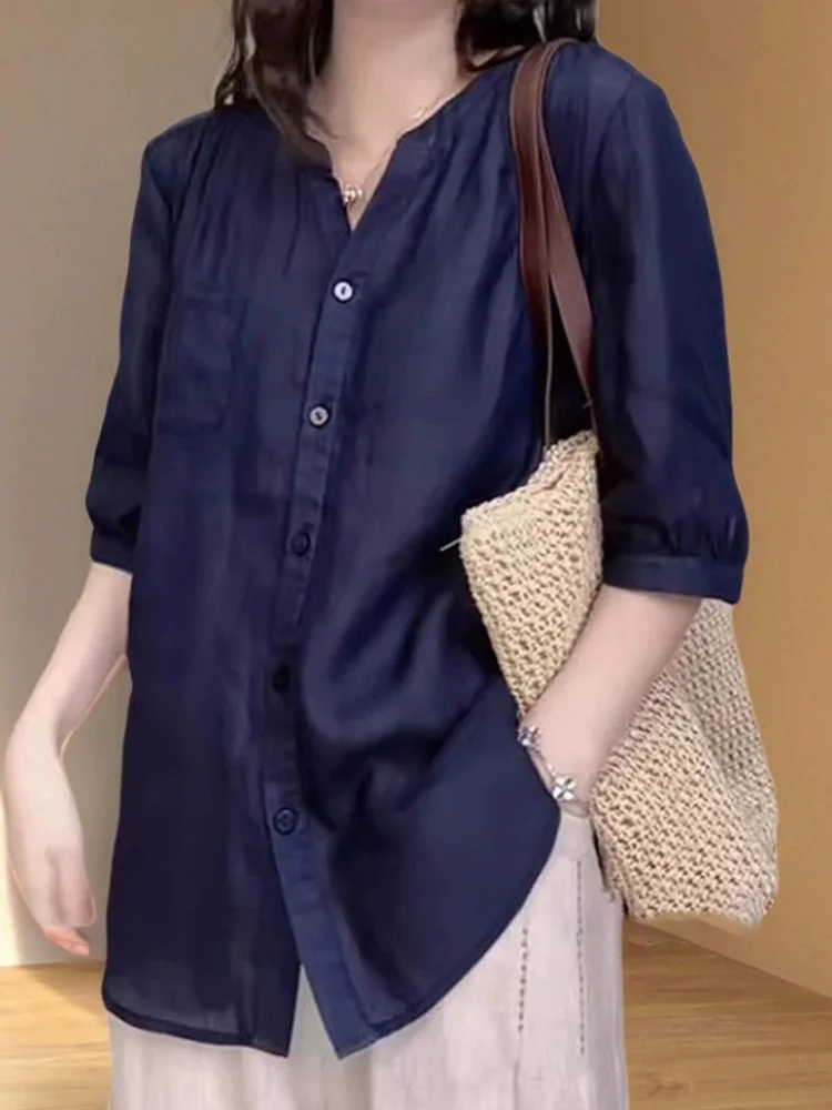 Faionable Single-Button Loose Women's irt Commute Pure Color Summer 2025 Korean Sle Casual Loose Top Women's Faion