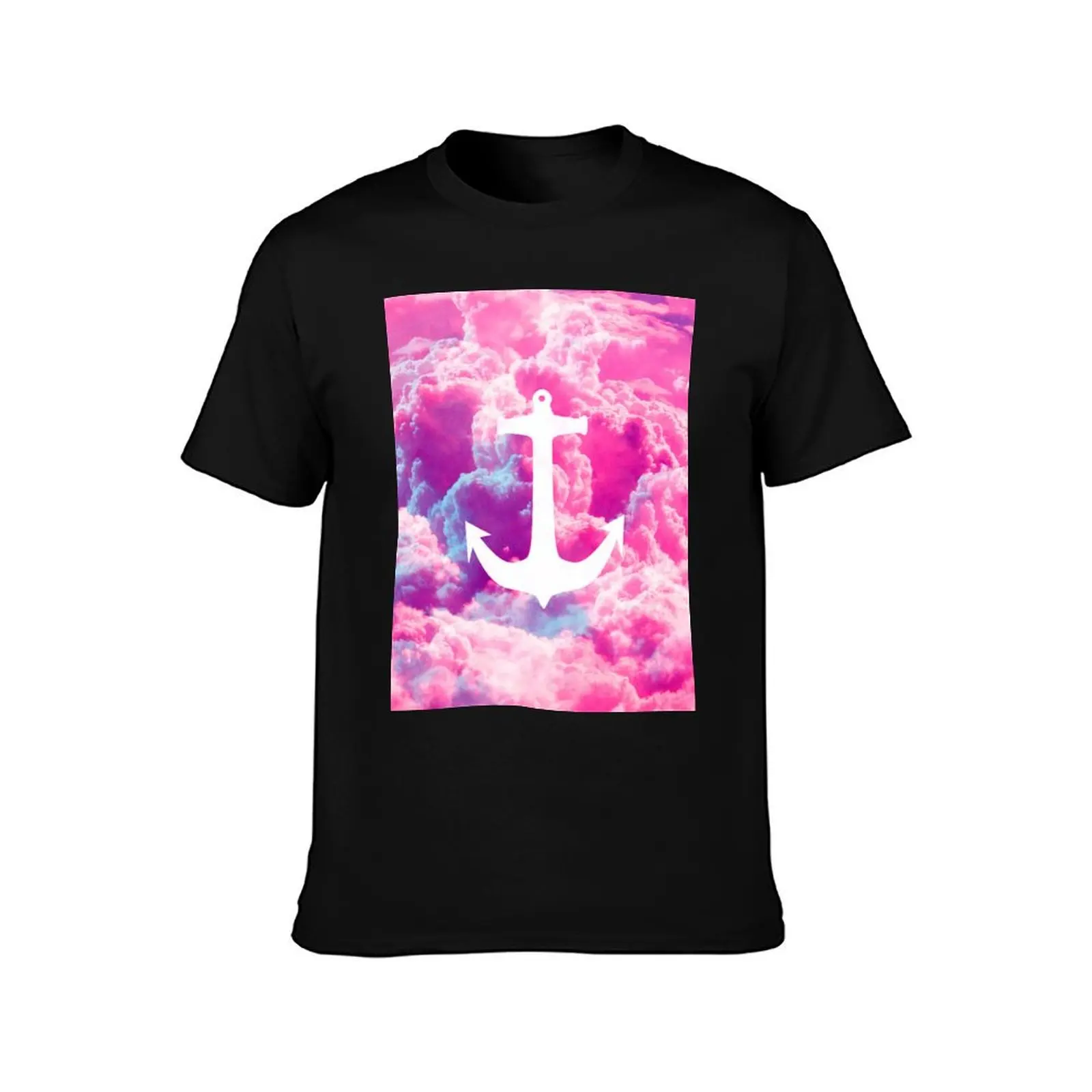 Girly Nautical Anchor Bright Pink Clouds Sky T-Shirt Plus Size Loose Short Sleeve Top T-Shirt
