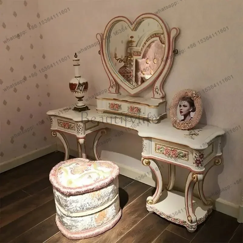 Pink Luxury Makeup Vanity Desk European Wooden Corner Cheap Makeup Vanity Desk Mirror Drawer Master