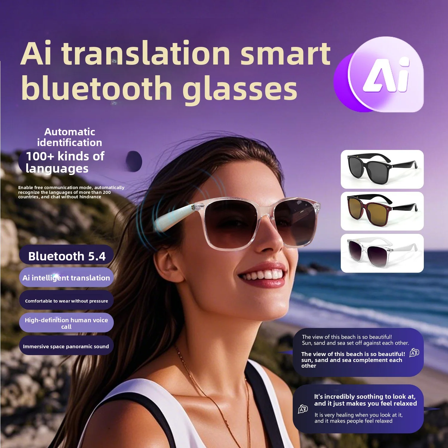 AI-powered Bluetooth smart glasses offer real-time translation in over 100 languages for listening to music and making calls