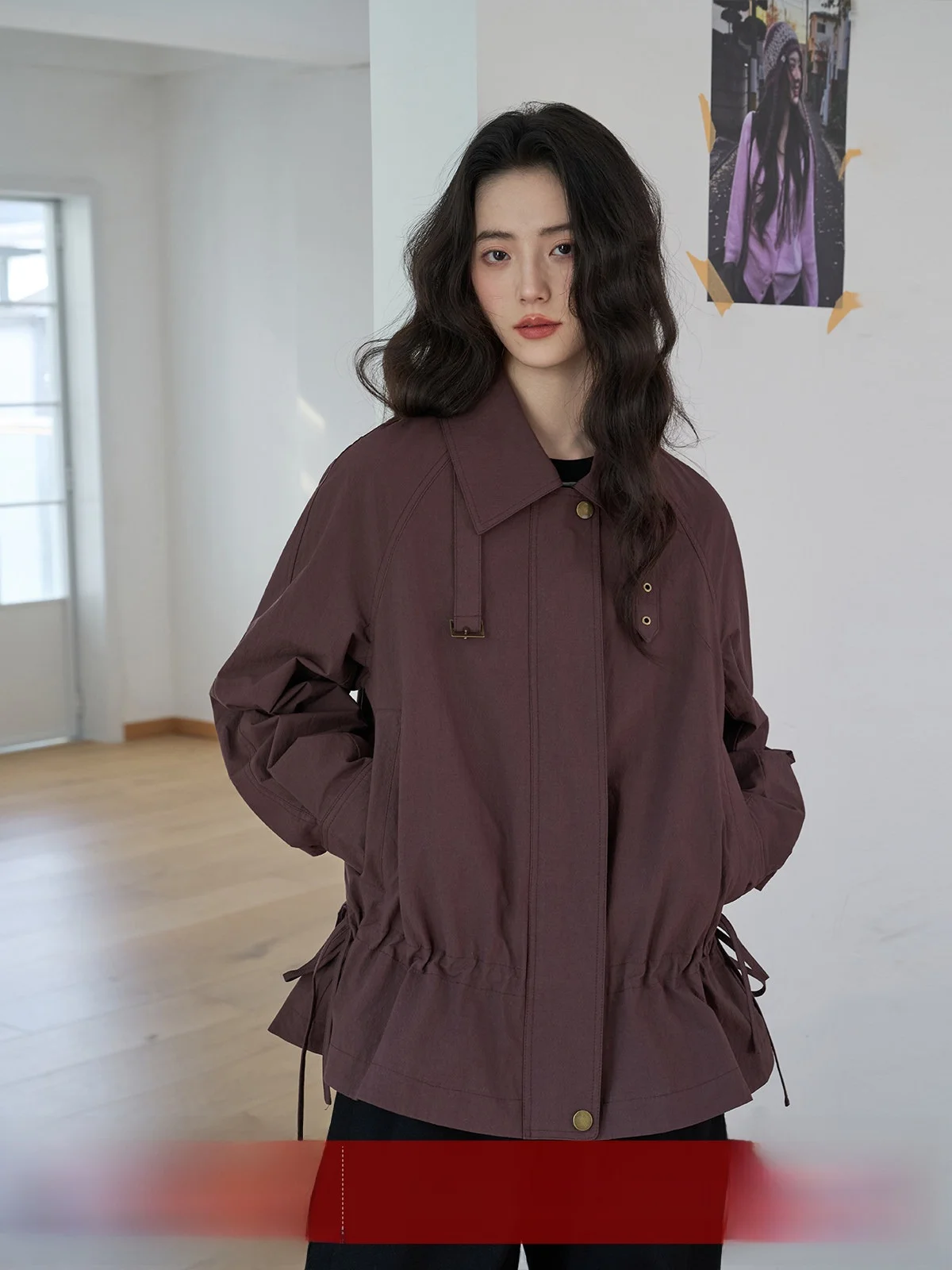 

Red Zipper Workwear Jaet Women Loose Fit Slimming Casual Top Spring Autumn High Sensation Long Sve Stand Collar Coat