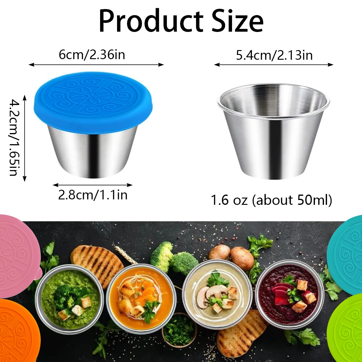 Salad Dressing To Go Containers 50ml Stainless Steel Sauce Cups With Leakproof Silicone Lids For Lunch Boxes Picnics Travel