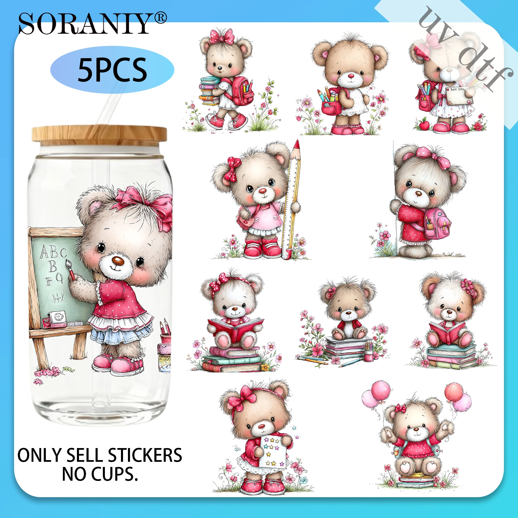 5PCS/Set Back To School Teddy Bear Themed UV DTF DIY 16OZ Transfer Stickers Water Bottles Glass Bottles