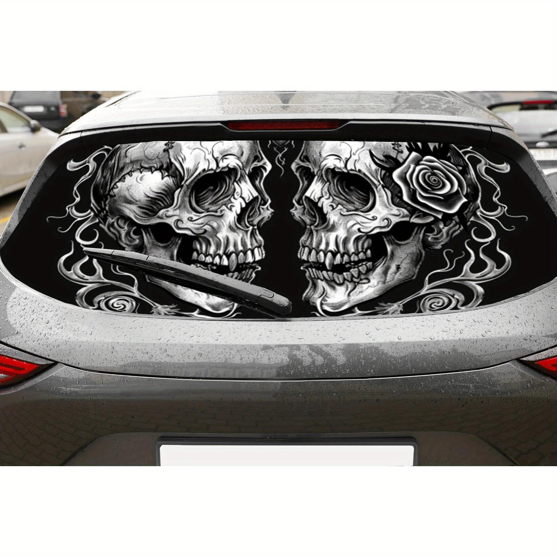 

Модные перфорированные автомобильные виниловые обертывания с двойными черепами из ПВХ, улучшающий конфиденциальность дизайн для заднего окна, наклейка на заднее лобовое стекло автомобиля для M