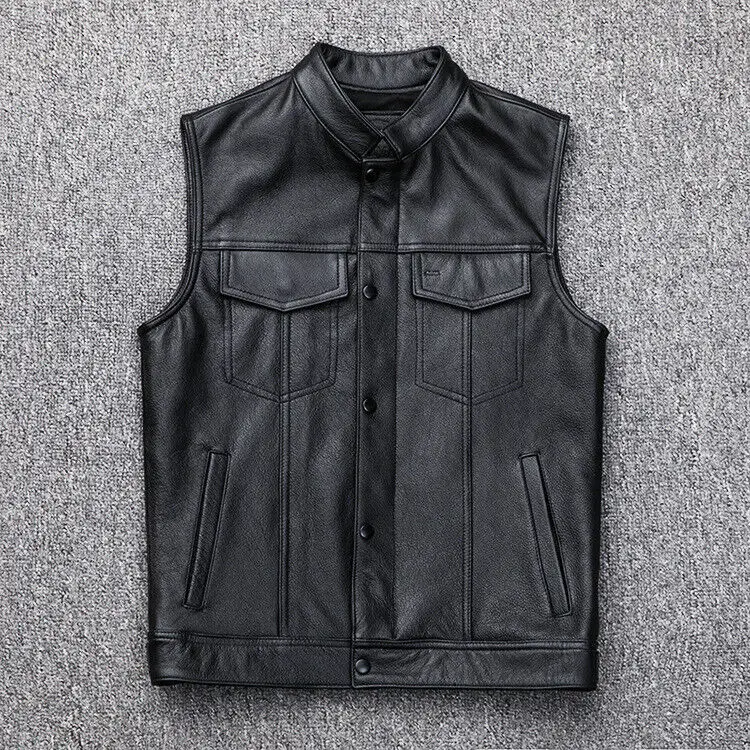 Men's Jacket Zipper Buttons Motorcycle Fashion Leather Vest Casual All-Match