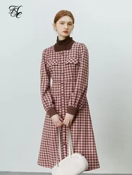 FSLE Square Neck Women Temperament Puff Sleeve Long Dress Pink Coffee Plaid Mid-Length Skirts Winter Thicken Warm Women Dress