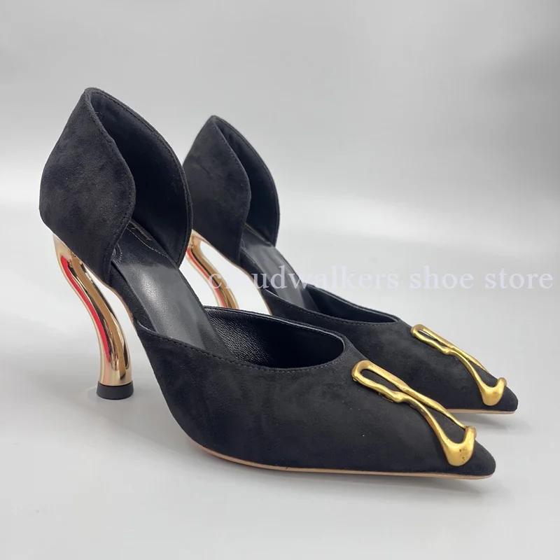 Gold Special-Shaped Metal Decor Point Toe Pumps Side Cutout Slip On  Strange Style Heel Women's Dress Shoes Banquet Party Runway