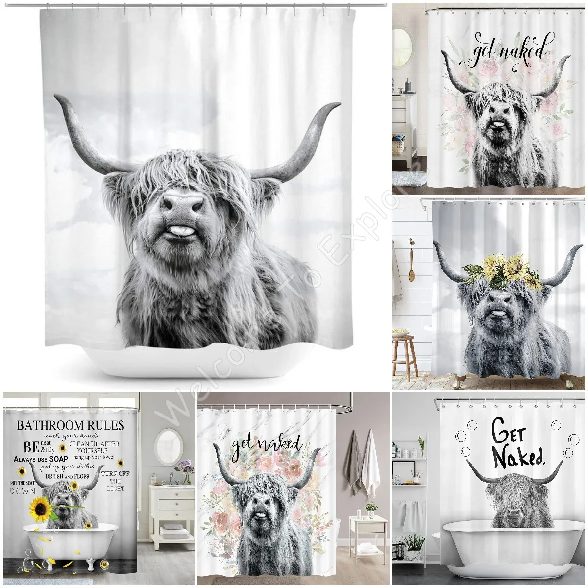 

Highland Cow Funny Bull Shower Curtain Funny Cute Western Wildlife Animal Portrait Waterproof Polyester Fabric Bathroom Curtains