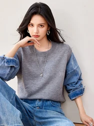 Women Sweater Autumn New Fake Two-piece Denim Patchwork Sweater O-neck Long Sleeves Knitted Sweater Femme Pullover Top