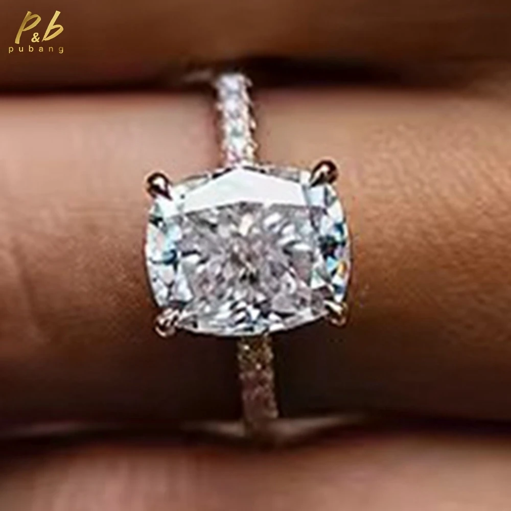 

PuBang 3EX VVS1 D Cushion Cut Moissanite Ring 18k Rose Gold 5.2 Carat Crushed Ice Center Rings For Women Luxury Wedding Gifts