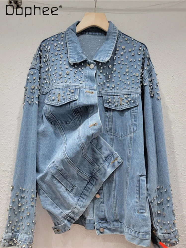 

Lapel Exquisite Rhinestone Single-Breasted Long Sleeve Coats 2024 Spring Summer New Retro Washed Cotton Denim Jacket Women