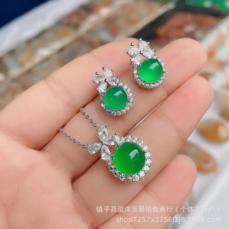 Silver-plated inlaid princess cherry agate pendant and earrings, fresh style agate cherry two-piece set