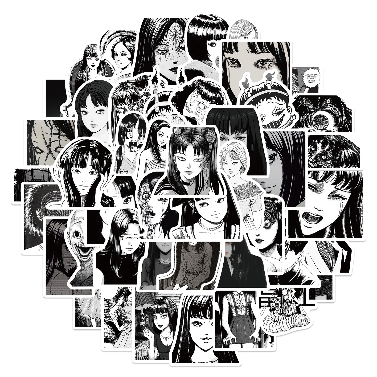 50PCS Black and White Horror Anime Tomie Stickers Cartoon Tomie Junji Ito Manga Graffiti Decals for Suitcase Laptop Bike Sticker