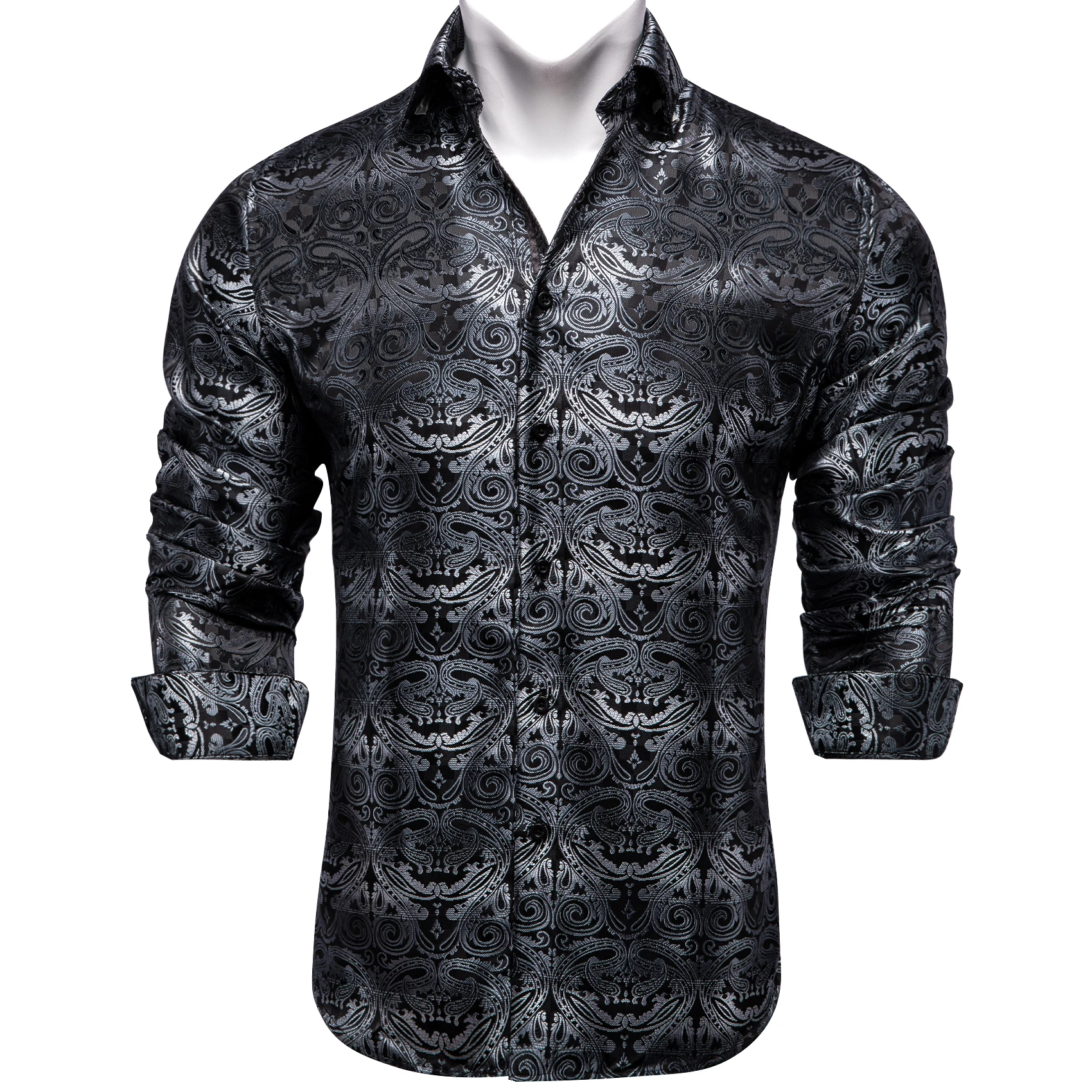 Black Silver Paisley Luxury Silk Shirts for Men Long Sleeve Polyster Social Dress Shirt Tuxedo Wedding Party Men Clothing