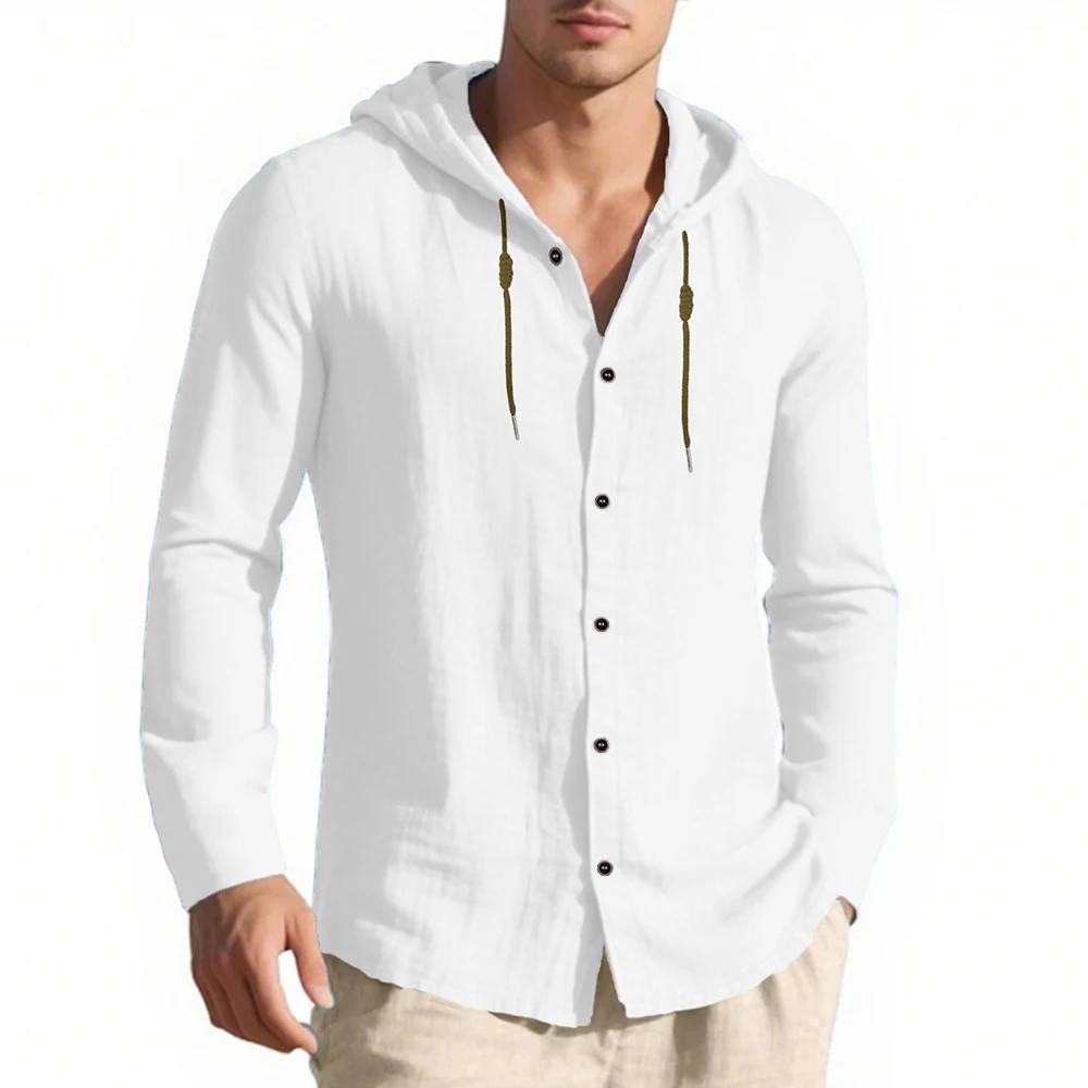 Men's Hooded Single Breasted Shirt Cotton Linen Lightweight Spring Summer Long Sleeve Drawstring Design Vacation Style Tops