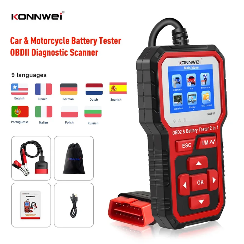 KONNWEI KW681 6V 12V Car Motorcycle Battery Tester Life Analysis Auto Diagnostic Tools 2000CCA Car Diagnostics Full OBD2 Scanner