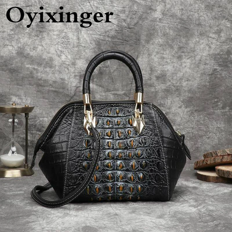 OYIXINGER Retro Women Bag Genuine Leather Top-handle Bags For Women Vintage Luxury Bag Ladies Hand Paint Alligator Shoulder Bags