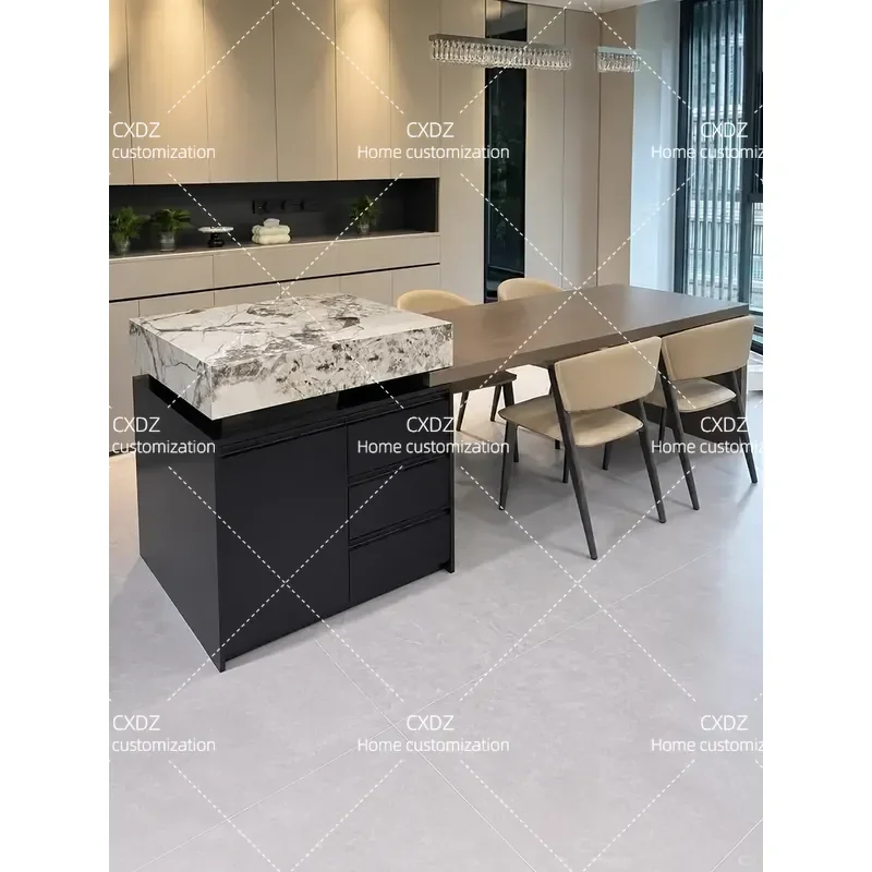Modern Light Luxury Island Dining Table with Rock Slab Top Retractable Design Integrated Storage Customizable for Large