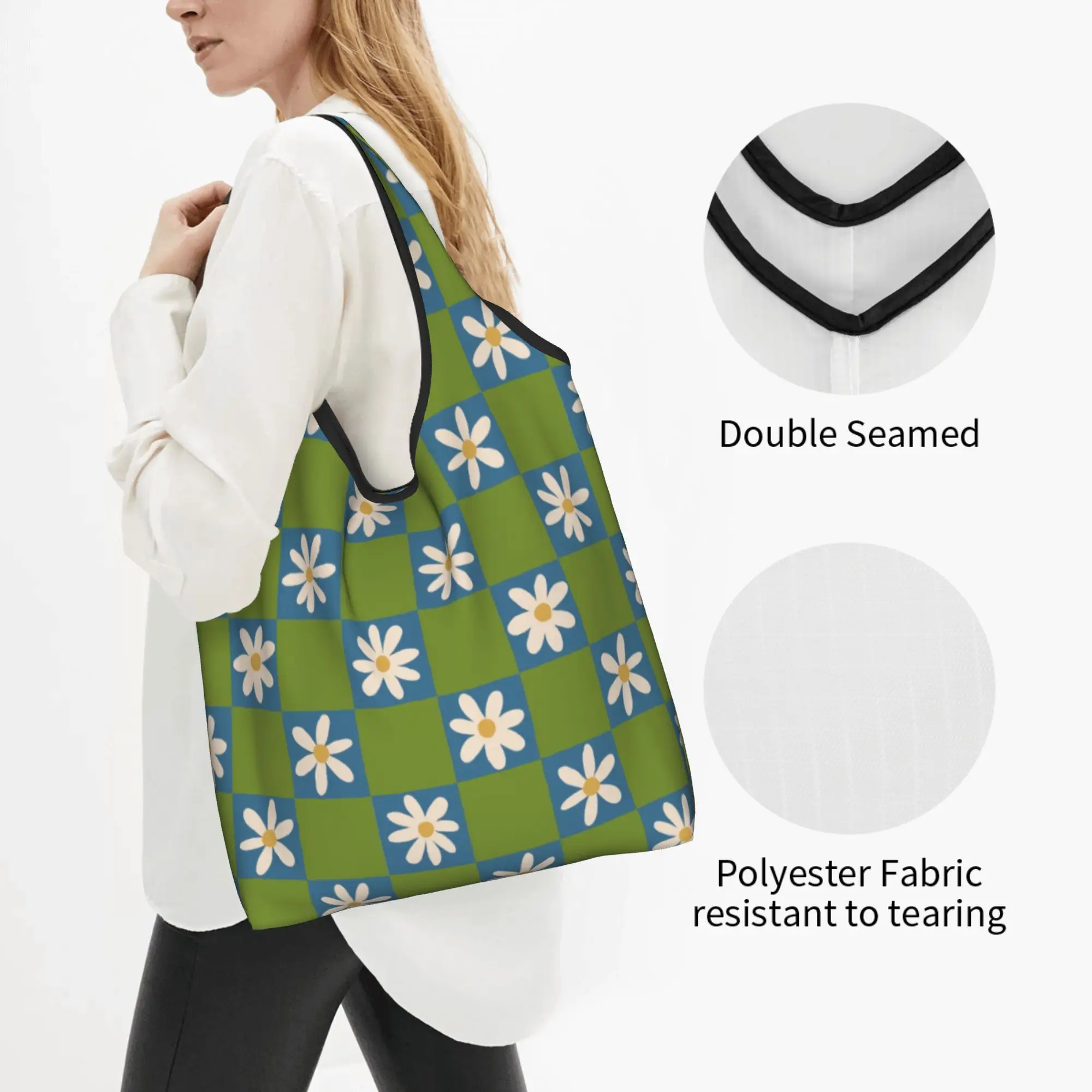 Kawaii Daisy Checkerboard Flowers  Shopping Tote Bag Portable Sea Greenery Grocery Shoulder Shopper Bag