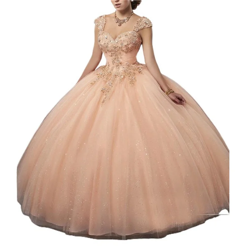 Strapless Sweetheart Oranje Quinceanera Baljurk Champagne Sticker Kralen Veteraan Quinceanera Jurk Strapless Plus Size