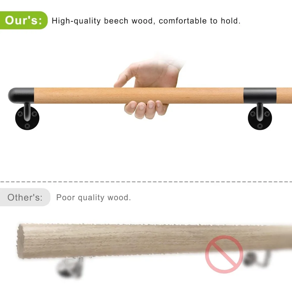 درابزين درج داخلي بطول 3-10 أقدام، مثبت على الحائط الخشبي، دعامات معدنية، قبضة مريحة غير قابلة للانزلاق، أمان ودعم للسلالم #5