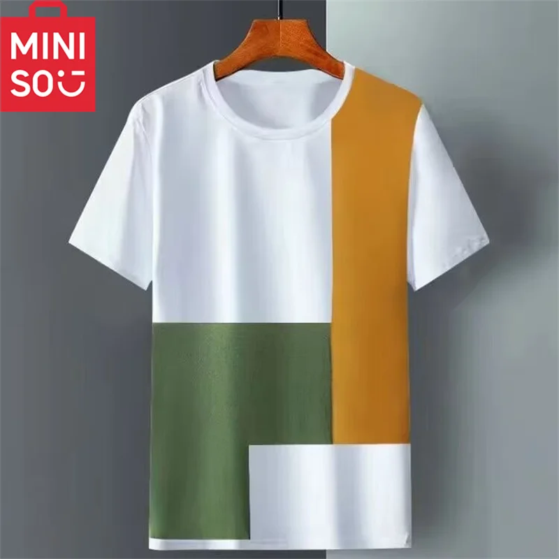 MINISO Color Block Short sleeved T-shirt for Men's Versatile Round Neck Trendy Half sleeved Bottom Shirt Summer Cool Feeling T-s