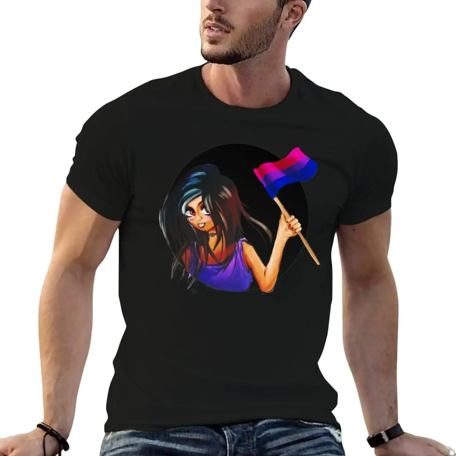 

Girl holding a Bi flag T-Shirt cotton man t-shirts customs design your own designer t shirt men