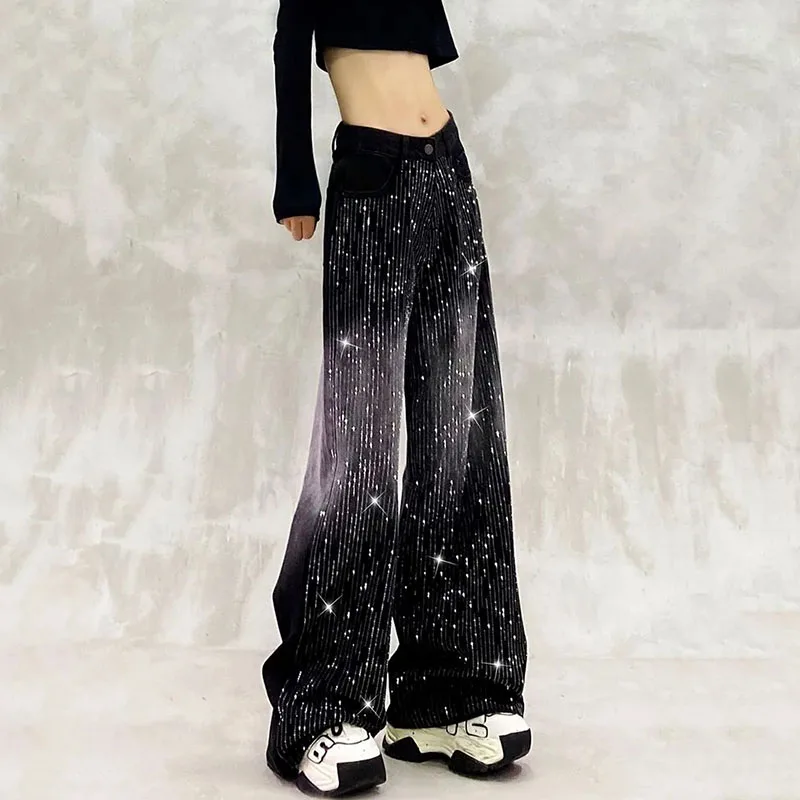 

2026 Korean Autumn Hot Drilling Stitching Jeans Women's Loose High-waisted Wide-leg Pants Denim Pants Female Casual Wild Jeans