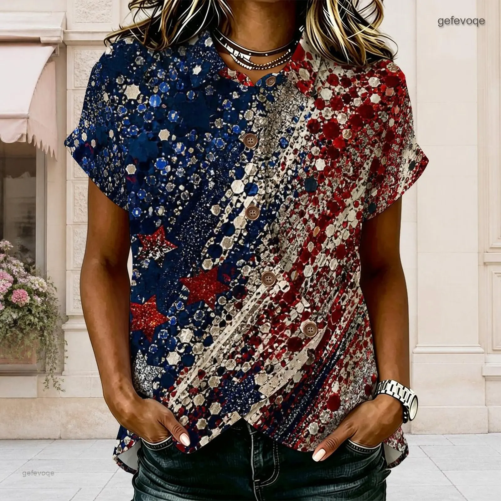 Women Shirt with Print Collared Neck Short Sleeve Button Front Cross Hem