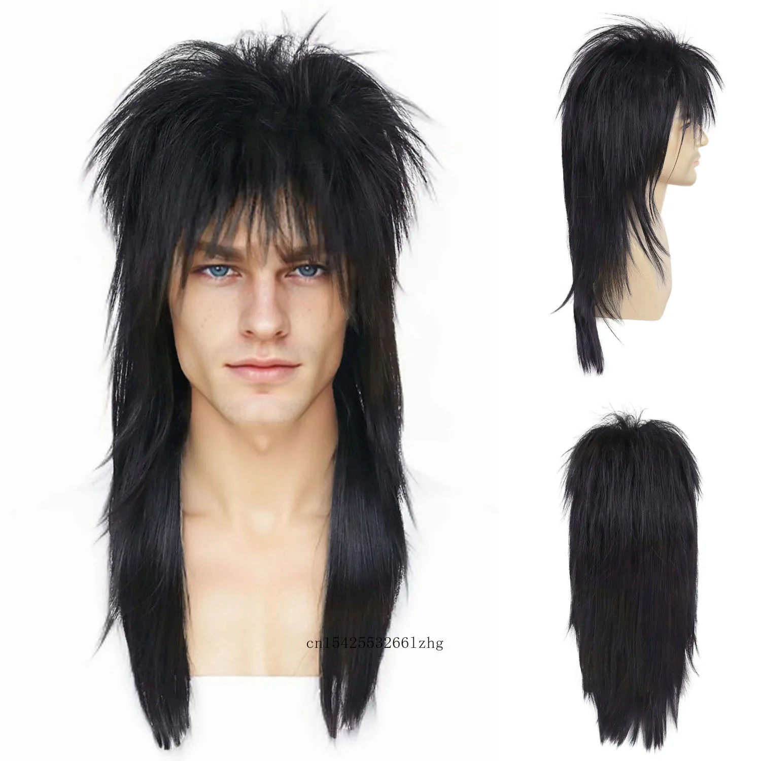

Synthetic Black Cosplay Wig for Men Long Straight Wig 70s 80s Rocker Punk Rock Disco Mullet Wigs with Bangs Halloween Costume