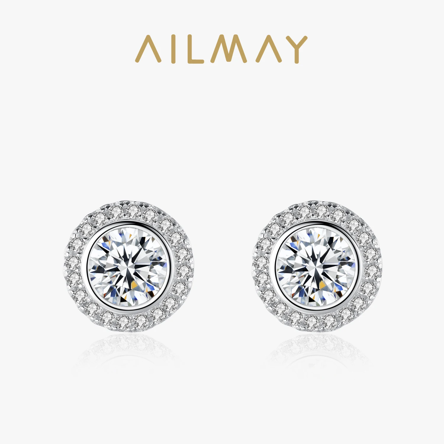 Ailmay 925 Sterling Silver Round Earrings Classic Luxury Full Cubic Zirconia Earrings For Women Wedding Engagement Jewelry