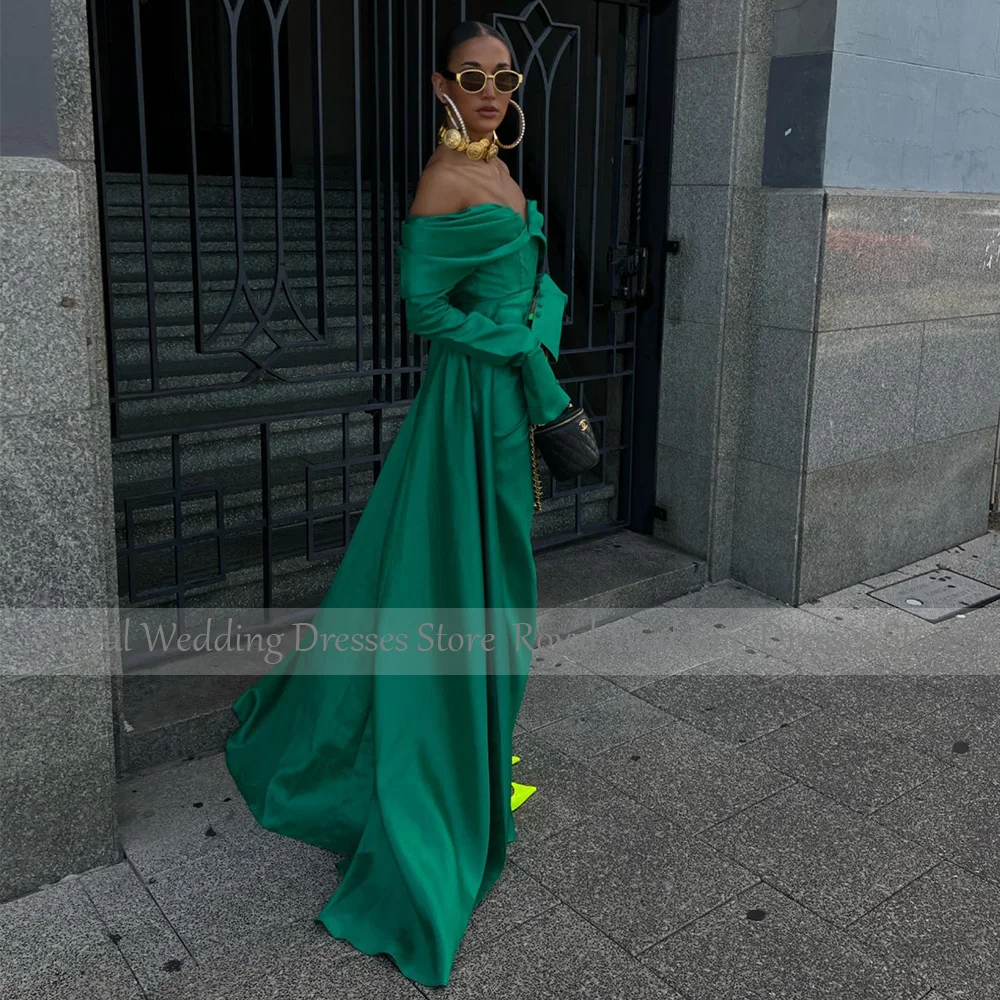 Emerald Green Evening Dress Long Sleeves Off the Shoulder Sexy Party Gowns High Slit Drapd Mermaid/Trumpet Women\'s Prom Robe