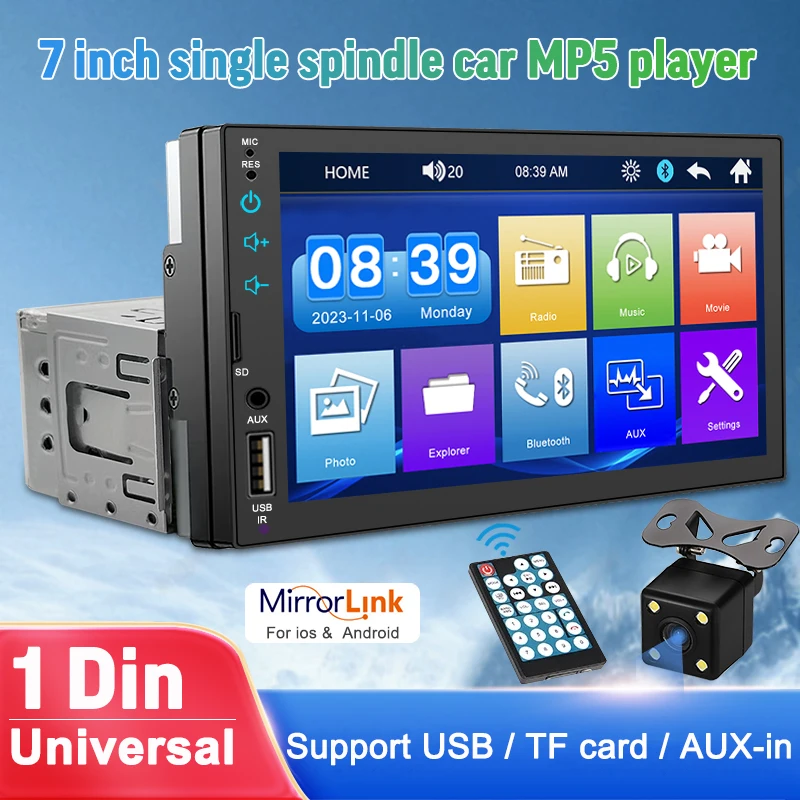 

Universal 1 Din Car Radio 7" HD Touch Screen Auto audio Car Stereo MP5 Car Multimedia Player Car Radio Bluetooth FM With Camera