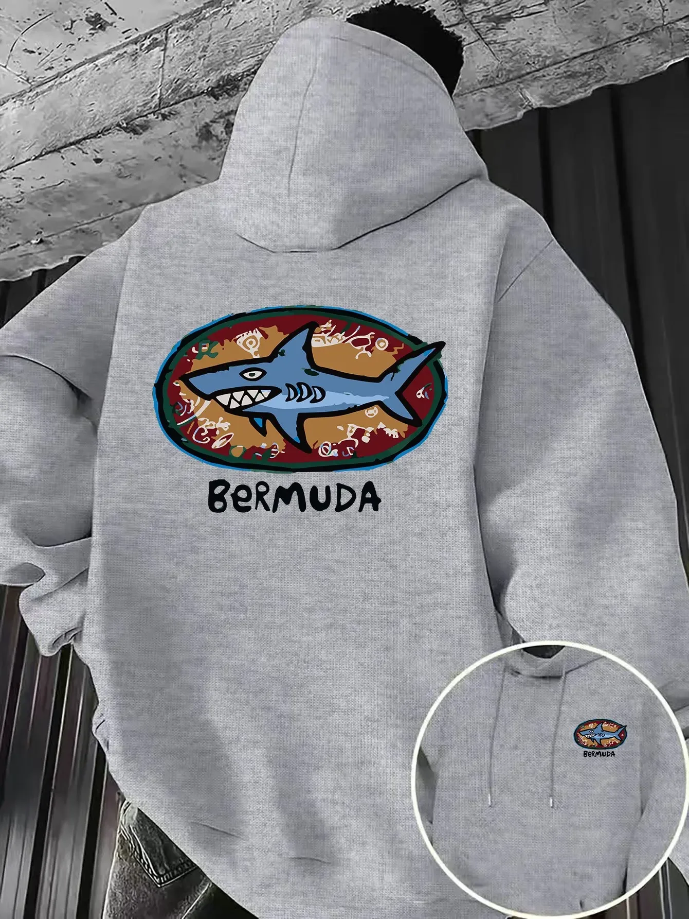 Men's Retro Bermuda Ocean Shark Hoodie Autumn Winter Fleece Sweatshirt Vintage Casual Street Style Hooded Pullover