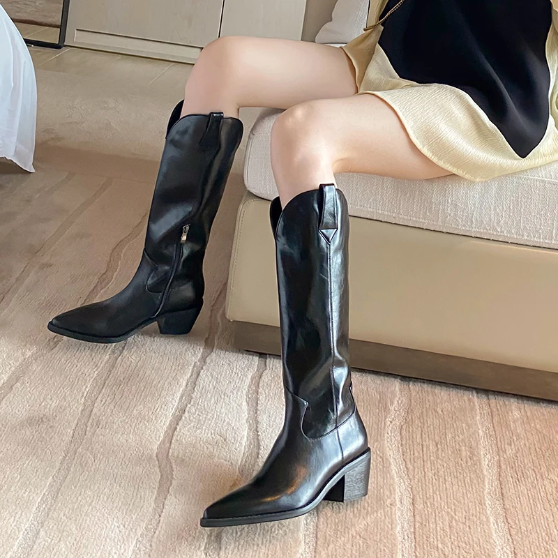 JOZHAMTA Size 33-40 Western Cowboy Boots For Women Genuine Leather Thick High Heels Shoes Woman Winter Pointed Toe Knee Boots