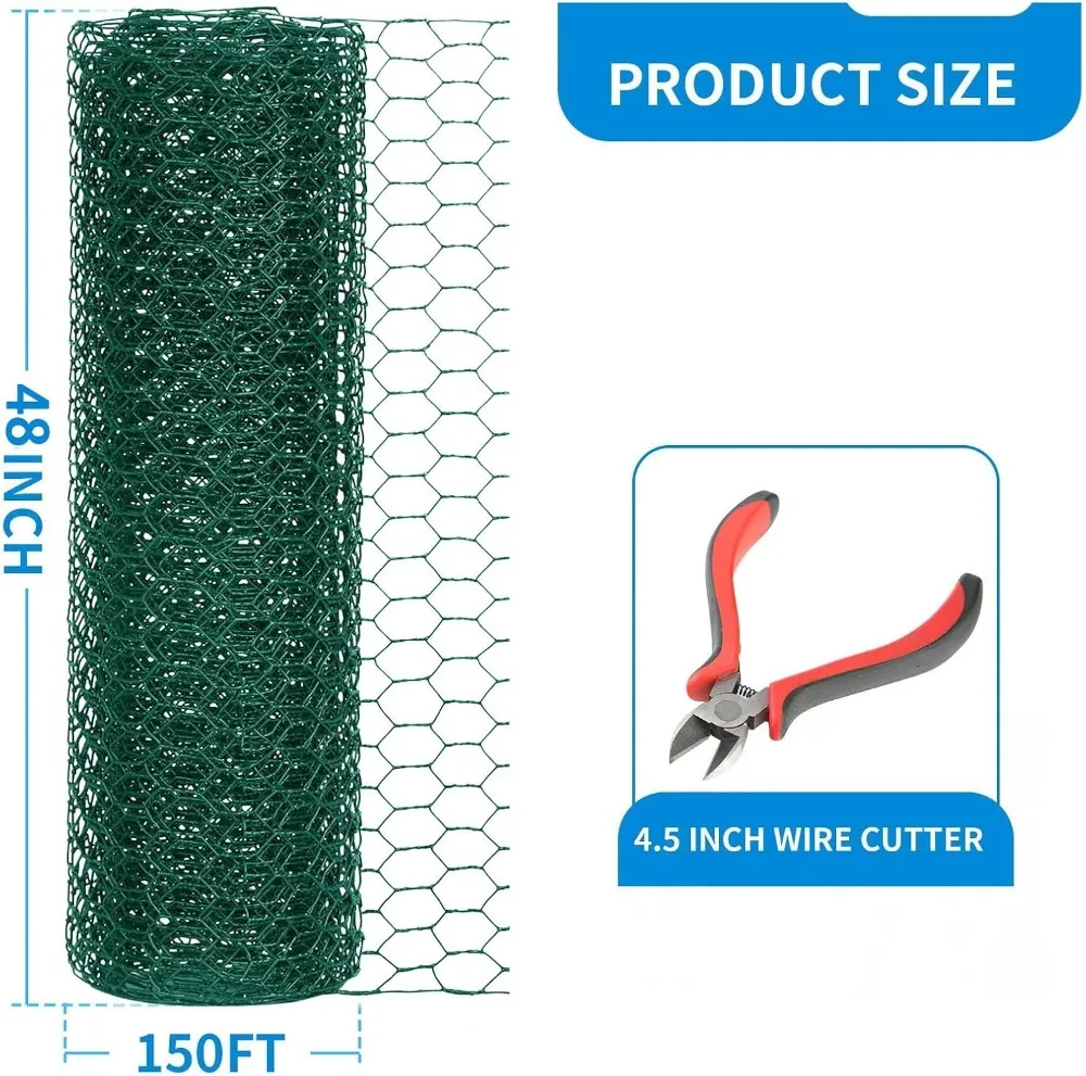 

48'' x 150' Green Chicken Wire Fence Roll, 1 Inch Mesh, 20 Gauge for Garden, Farm, Crafts & Pet Protection
