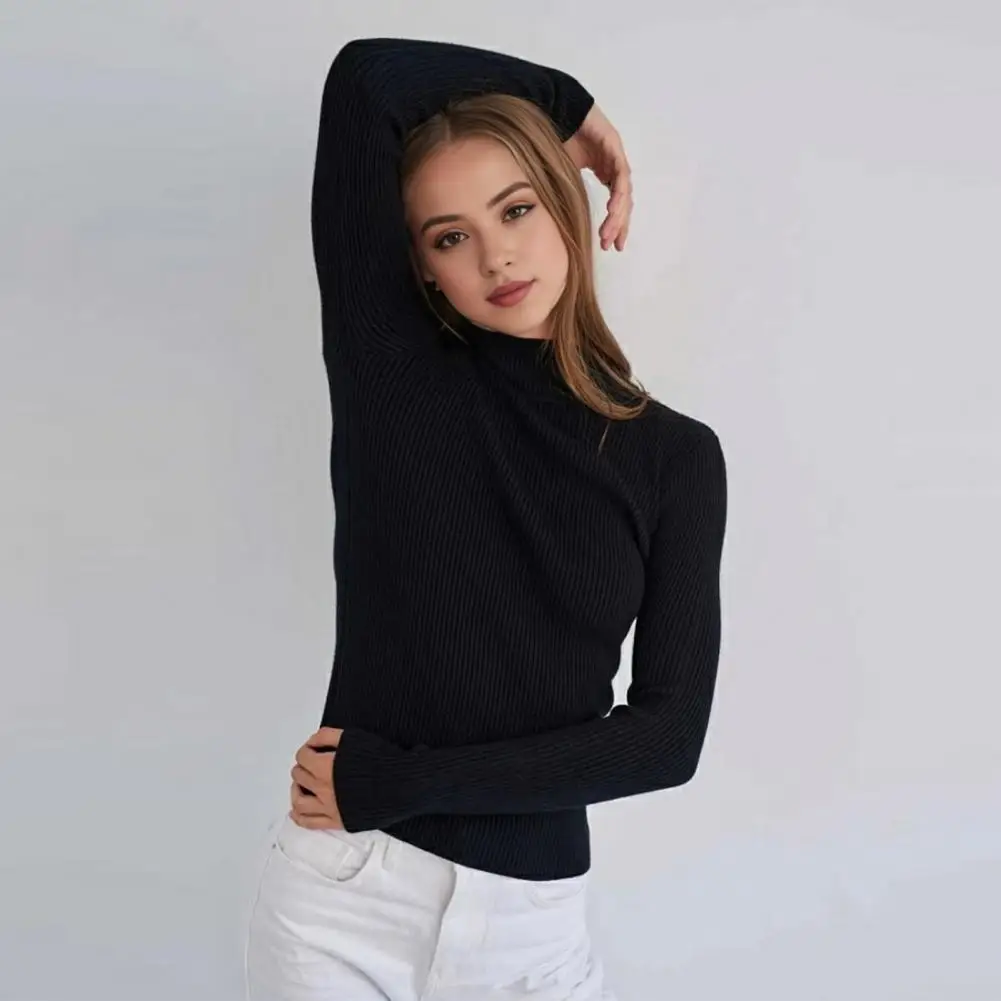 Breathable Women Sweater Stylish Women's Ribbed Knitwear Slim Fit Half High Collar Shirt with Long Sleeves Solid for Warmth