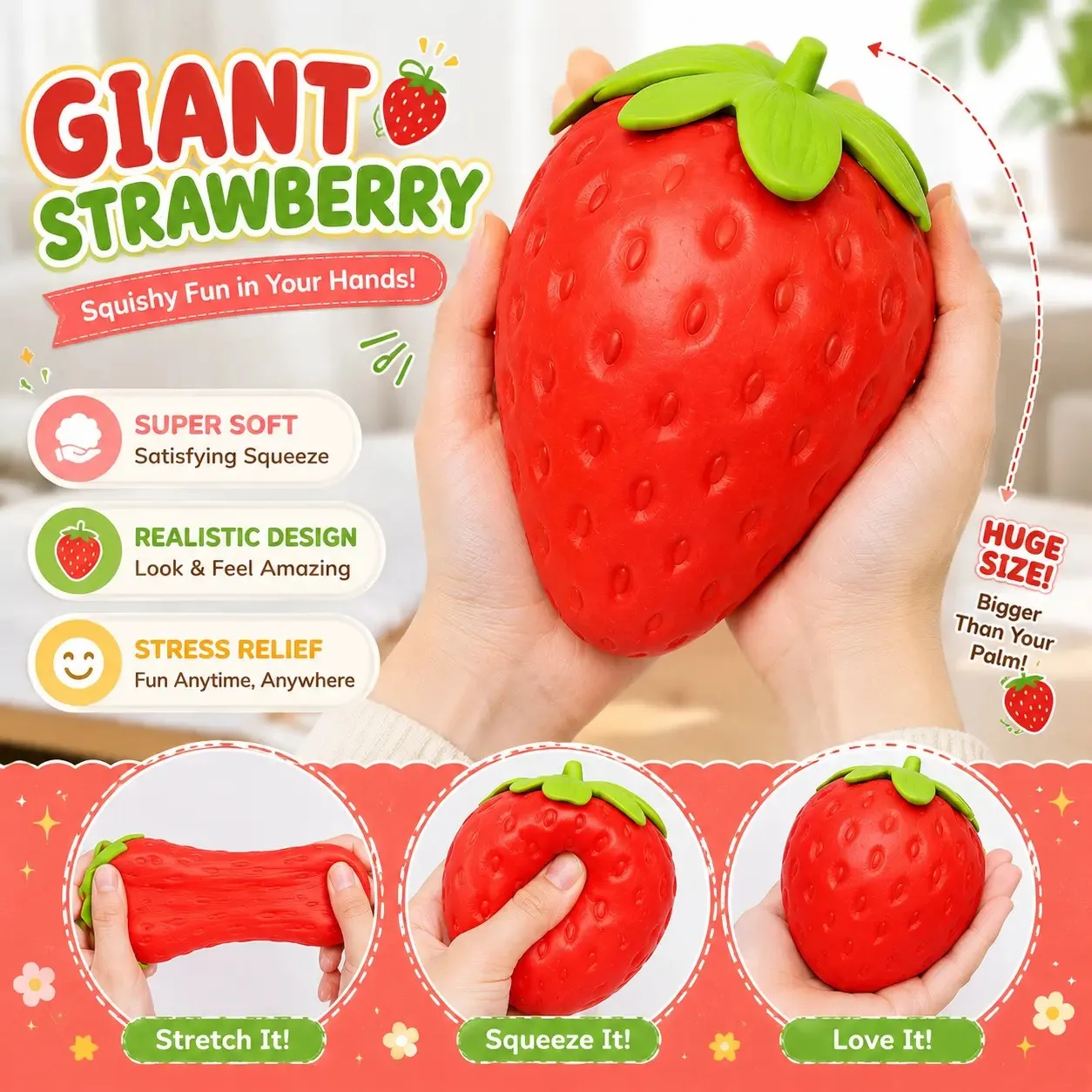 Large Strawberry Squishy Toy, Slow Rising Fruit Stress Ball, Cute Soft Fidget Toy, Desk Relaxation Gift
