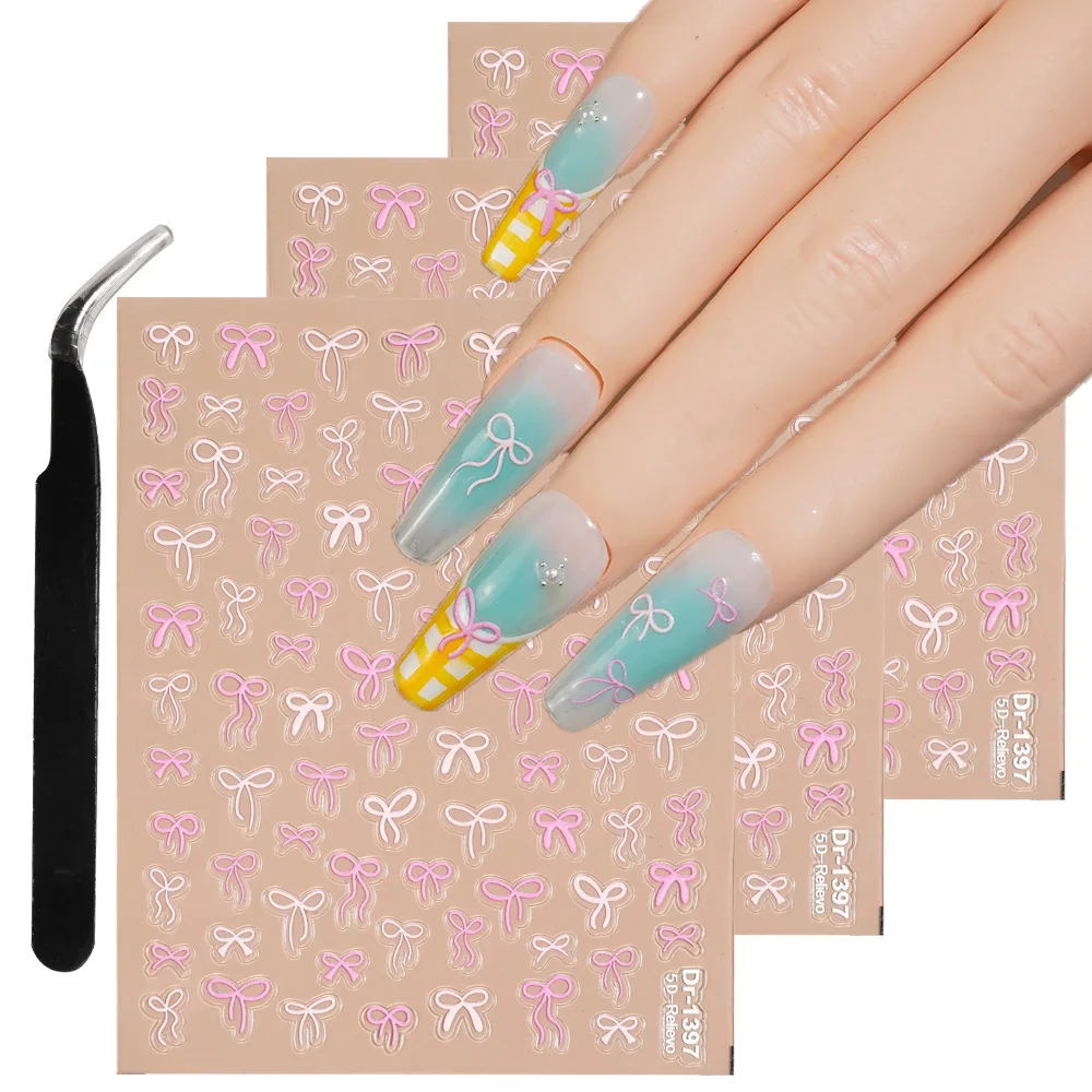 

1/5/10pcs 5D Embossed Nail Art Stickers Cute Sweet Pink White Bow Pattern Nail Decals for Women DIY Manicure Decoration Supplies